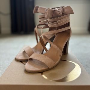 Lucite taupe suede heels